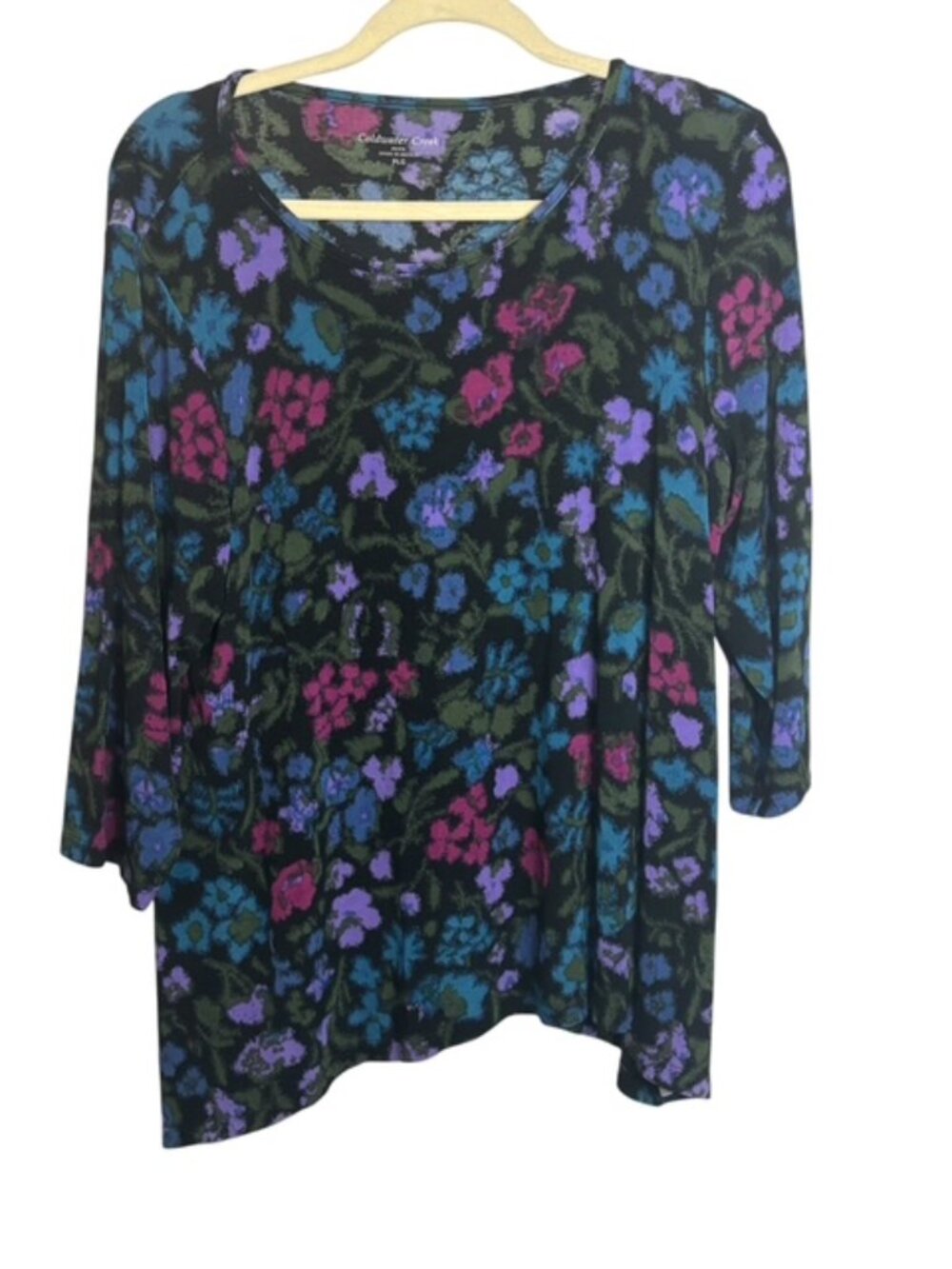 Coldwater Creek Blouse Women's Petite Large Floral‎ Knit asymmetrical hem